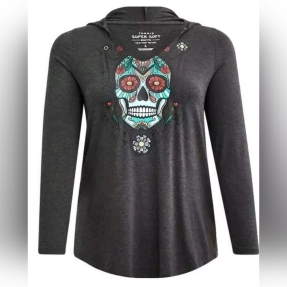 Torrid Gray Graphic Hoodie with Sugar Skull